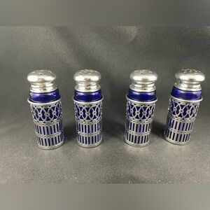 4 IN BOX Vintage F.B. Rogers Silver & Cobalt Blue Encased Glass Salt and Peppers